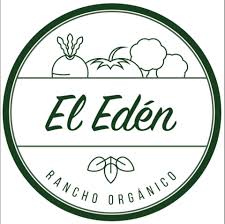 Circular logo for El Edén Rancho Orgánico with images of vegetables and leaves.