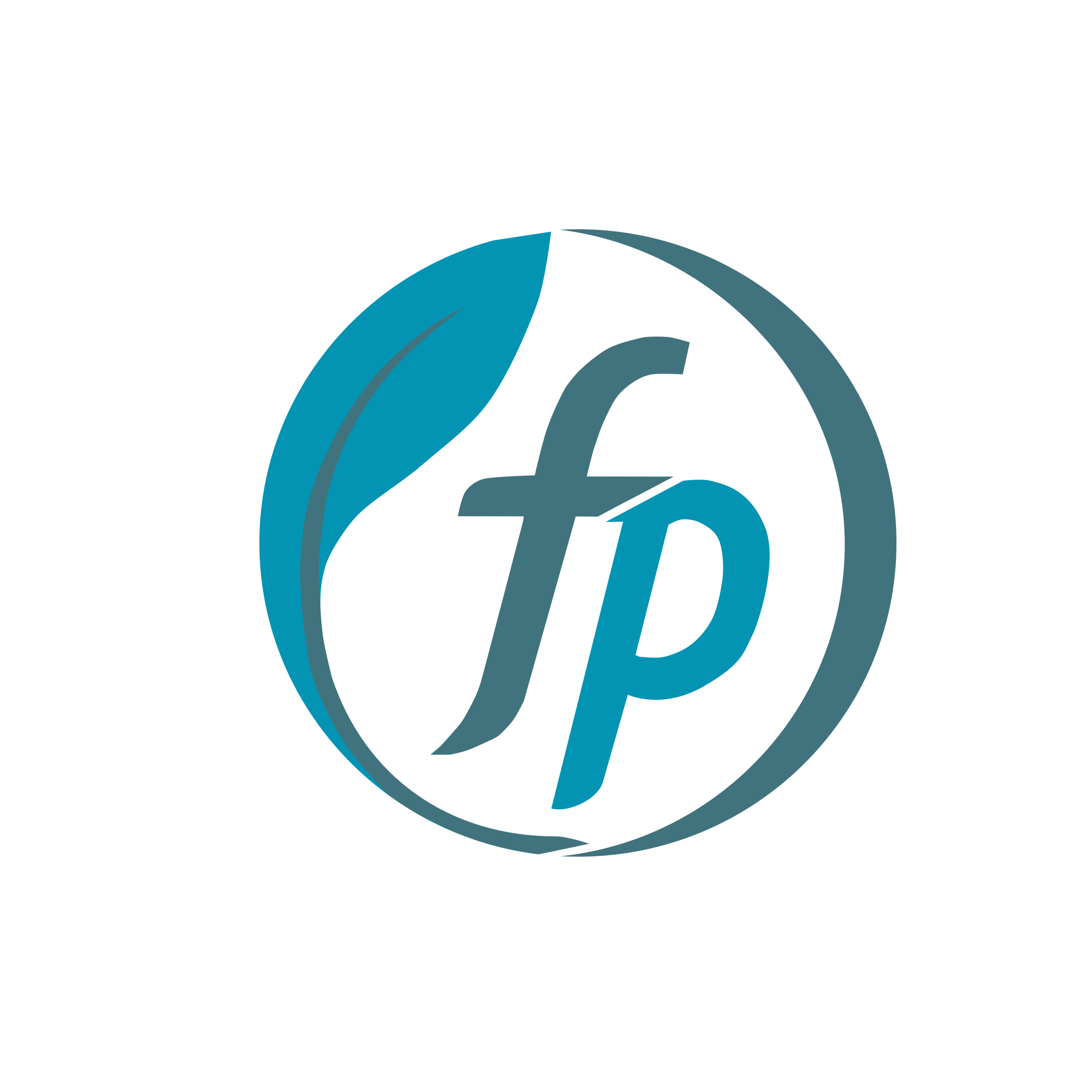 Logo with stylized blue leaf and lowercase fp inside a circle.