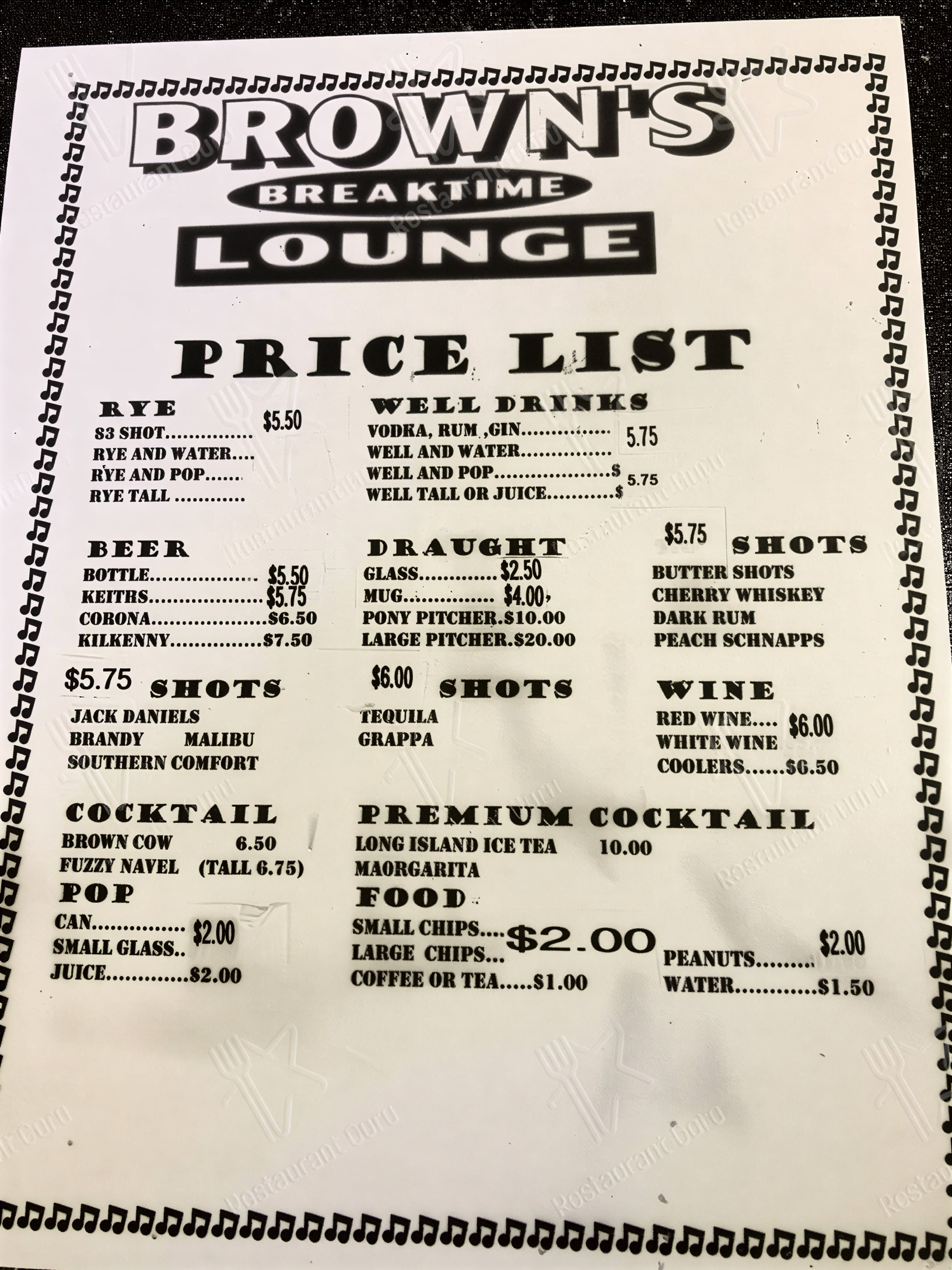 Brown's Lounge Bar Menu