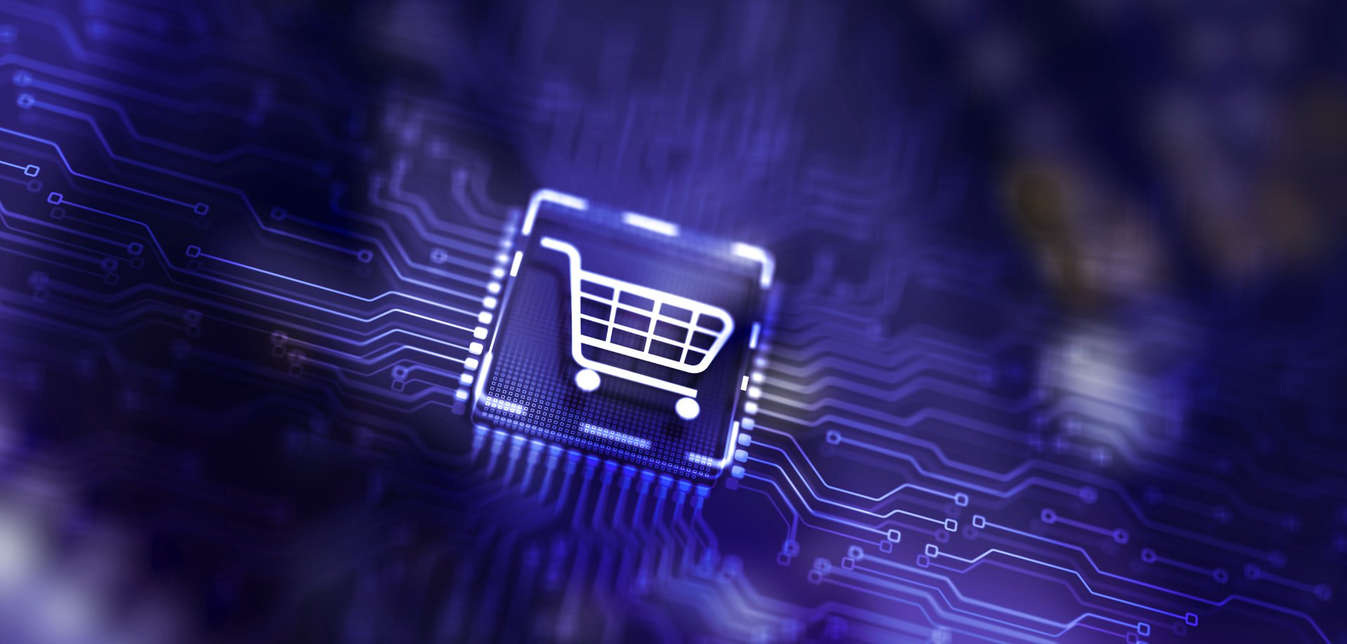 Businessman touching e-commerce button on a virtual interface. Cart online shopping.