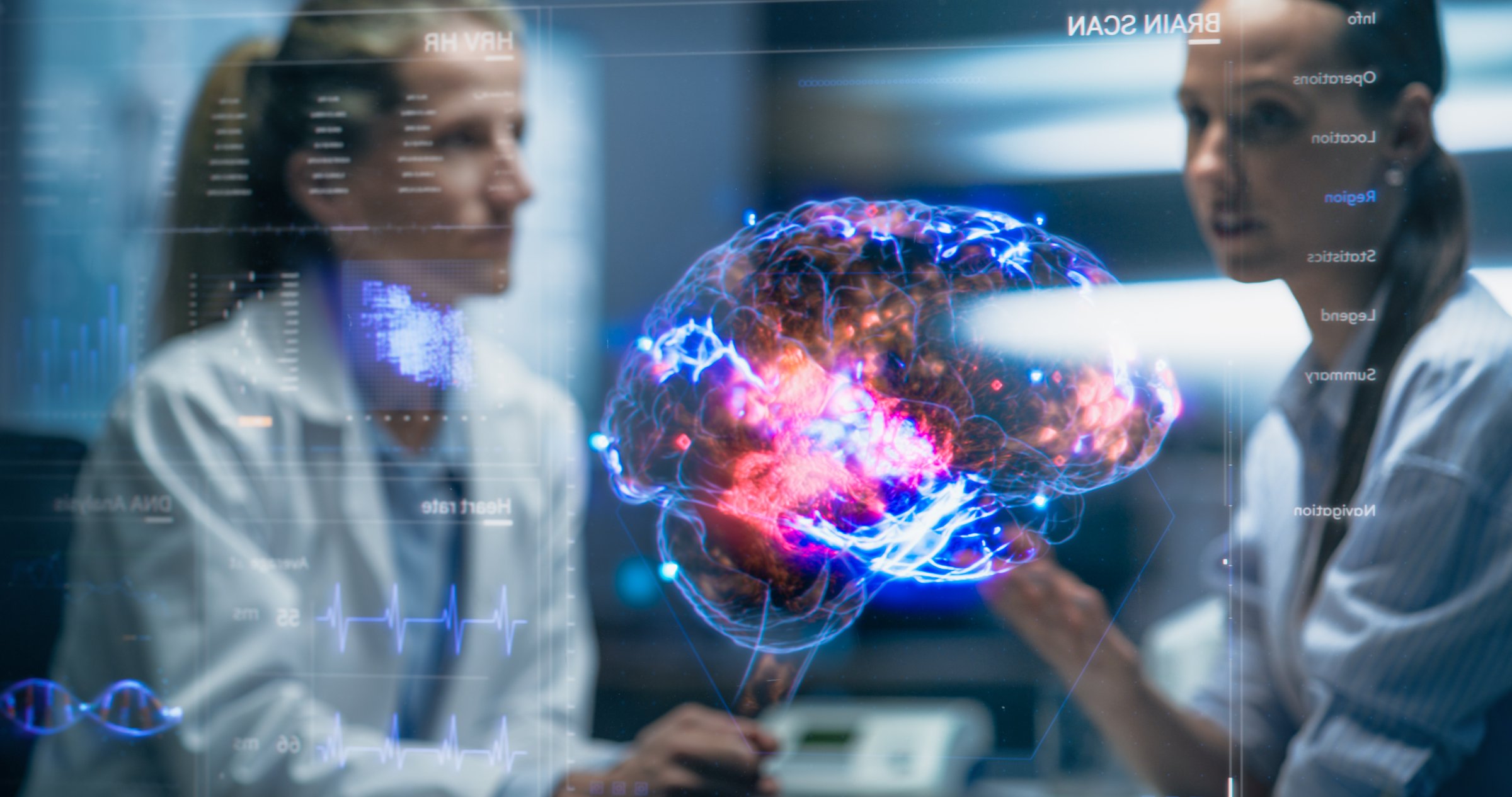 Physician And Patient Examine Holographic Brain Model. Futuristic 3D Visualization Of Medical Technology. AI Neural Biosensor Data, Precision Diagnostics, Personalized Medicine Neuromodulation Therapy