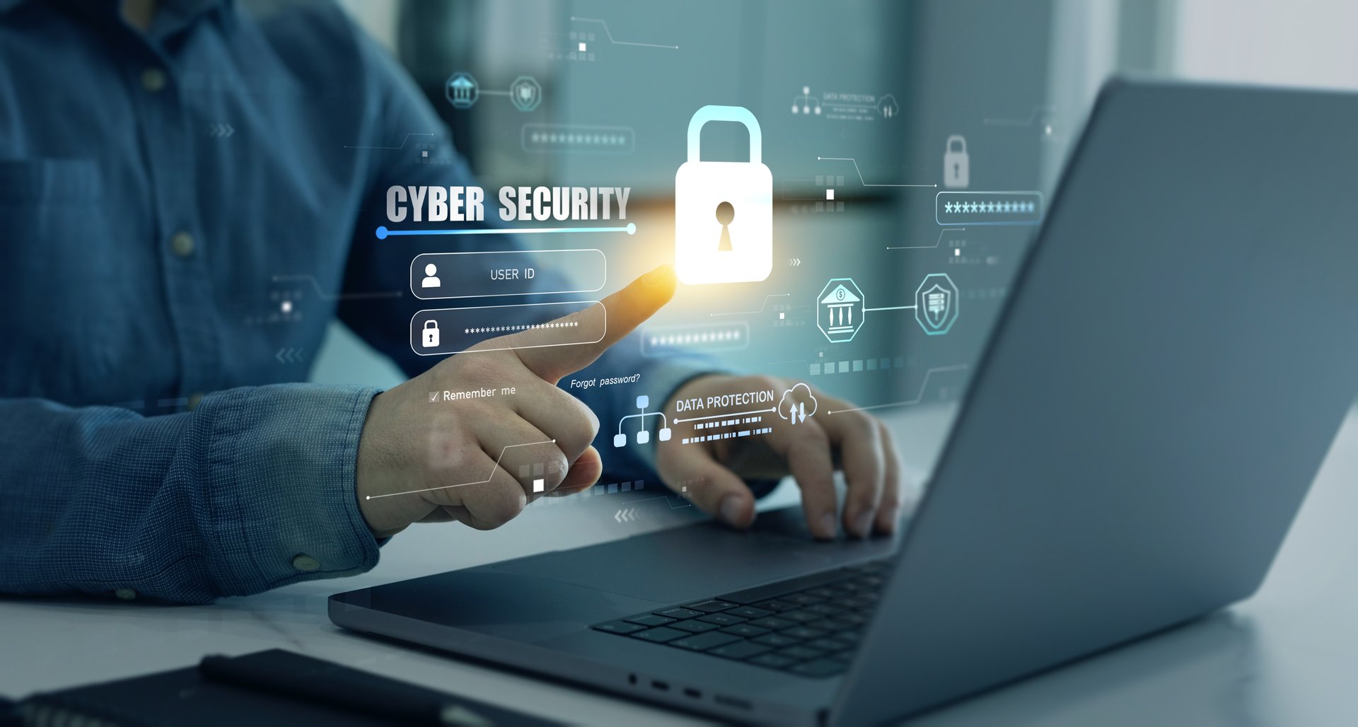 Protecting herself from cyber attacks and personal data.Protection data access.Cyber security protection concept.