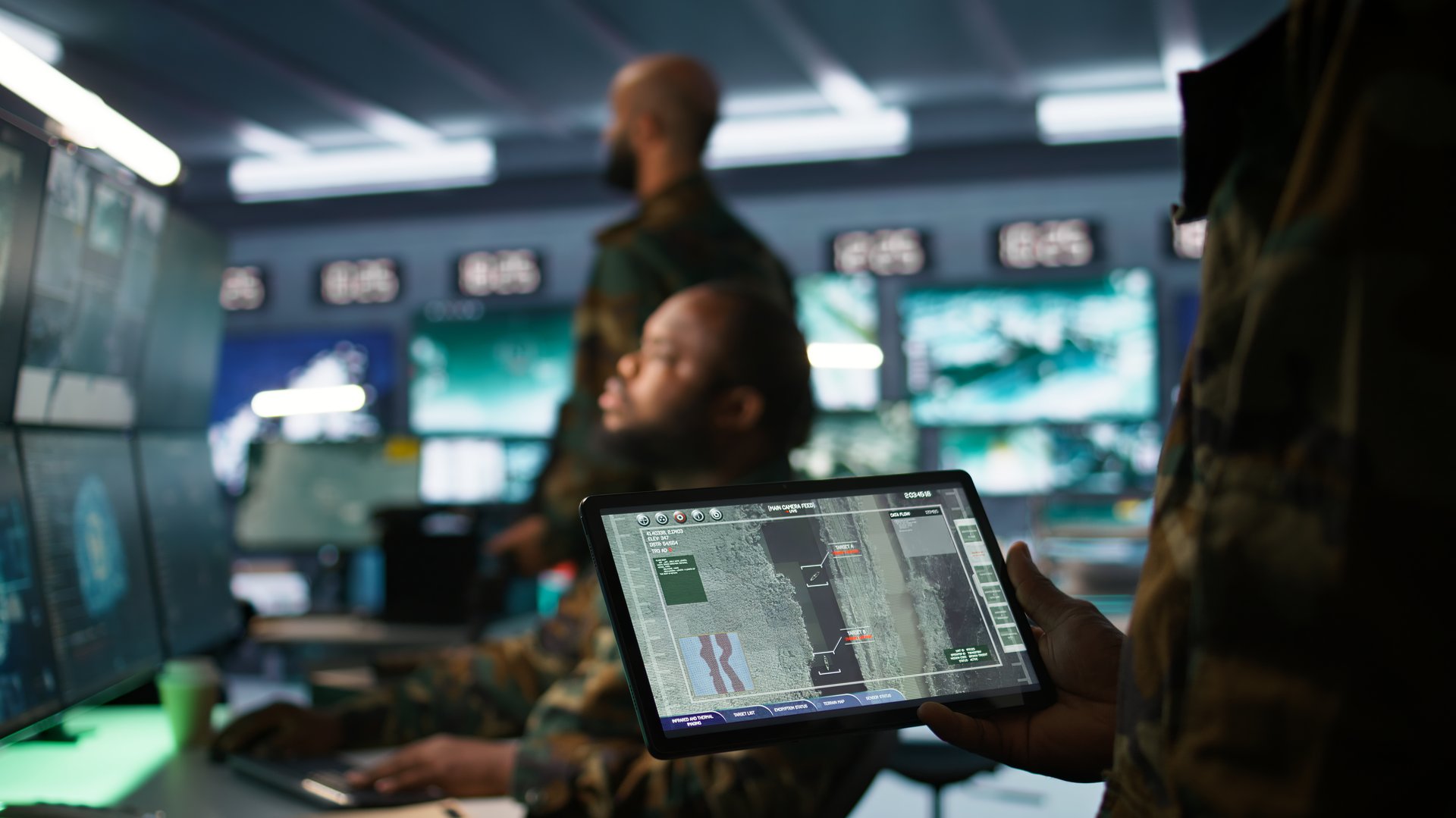 Army professional employing AI tech to improve military combat systems and missiles monitoring. African american IT admin uses neural networks to enhance combat operational capabilities, camera B