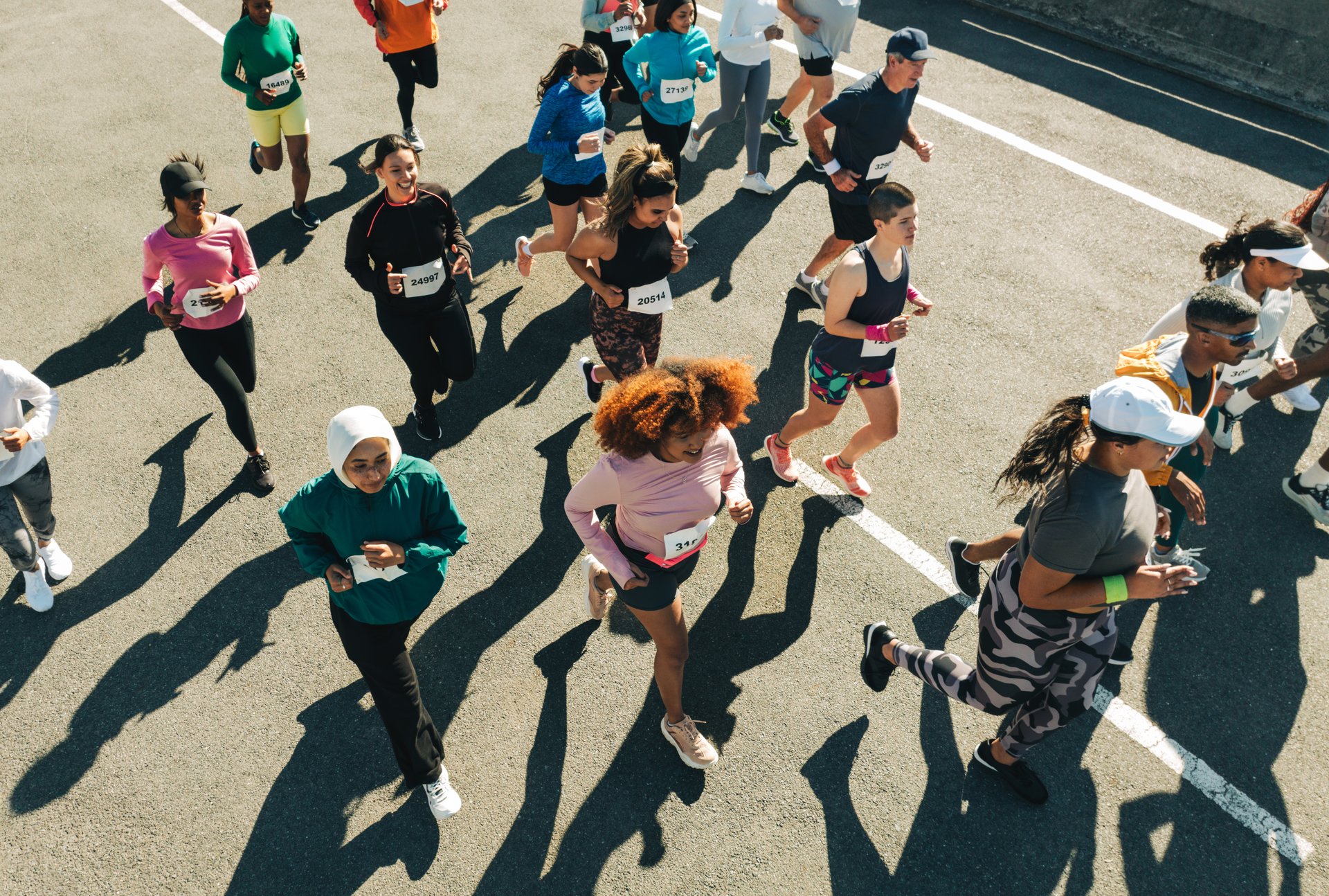 Aerial view of marathon race participants