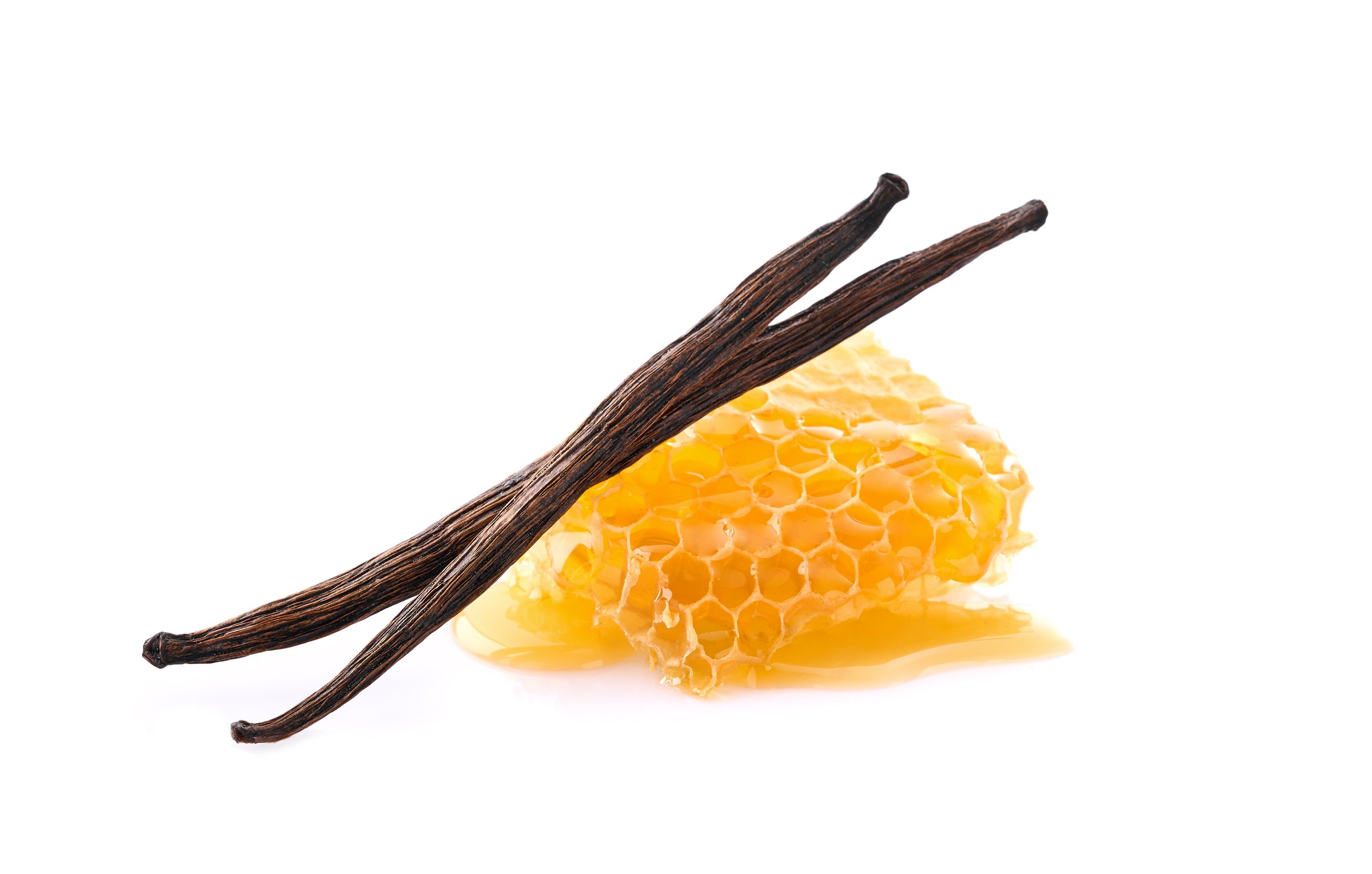 Vanilla stick with honeycomb on white background