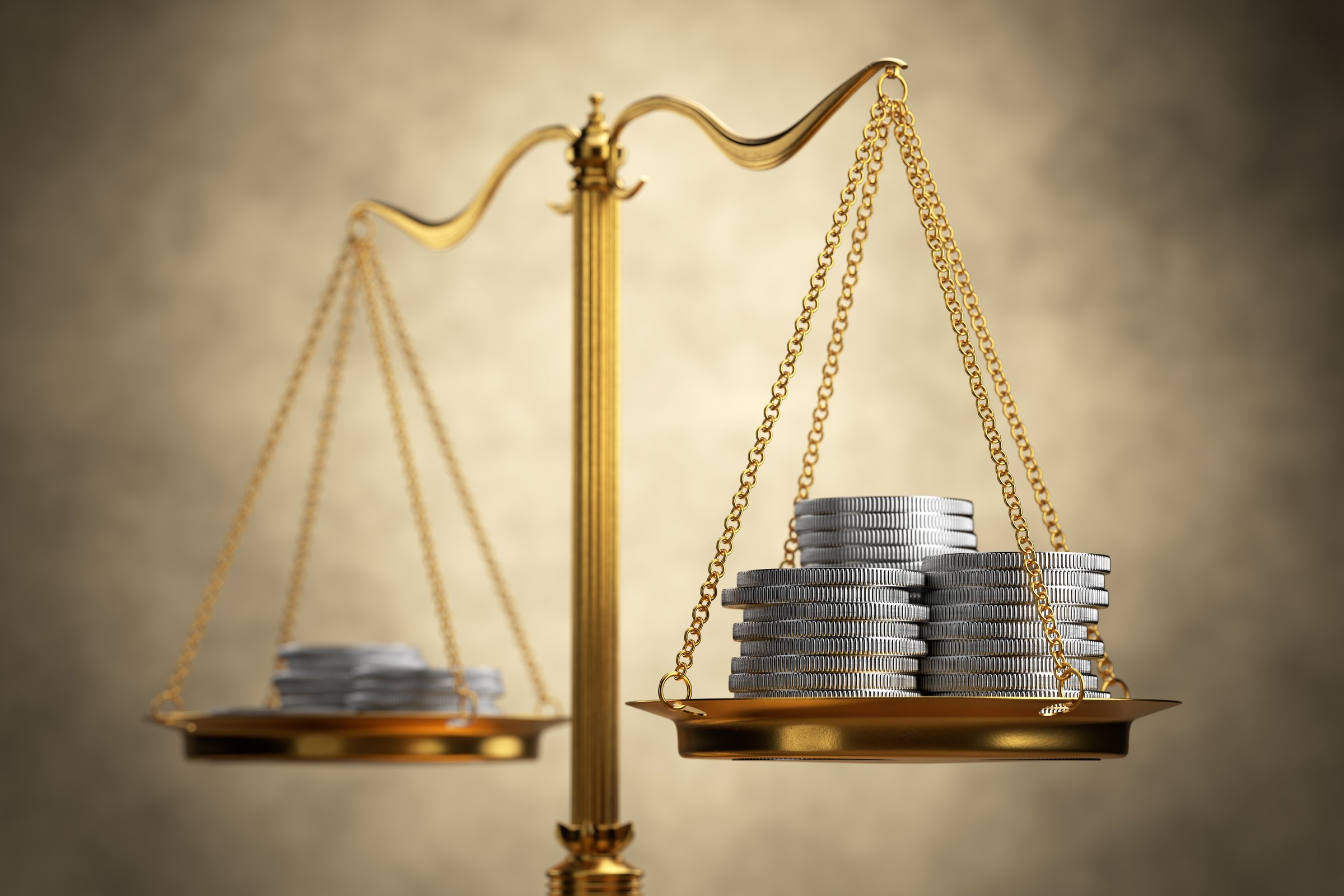 stacks of bright new shiny silver coins placed on scales. 3d render