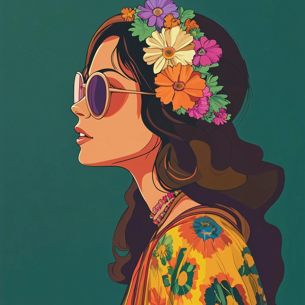 Stylized portrait of a woman in profile wearing sunglasses and a floral headband against a green background.