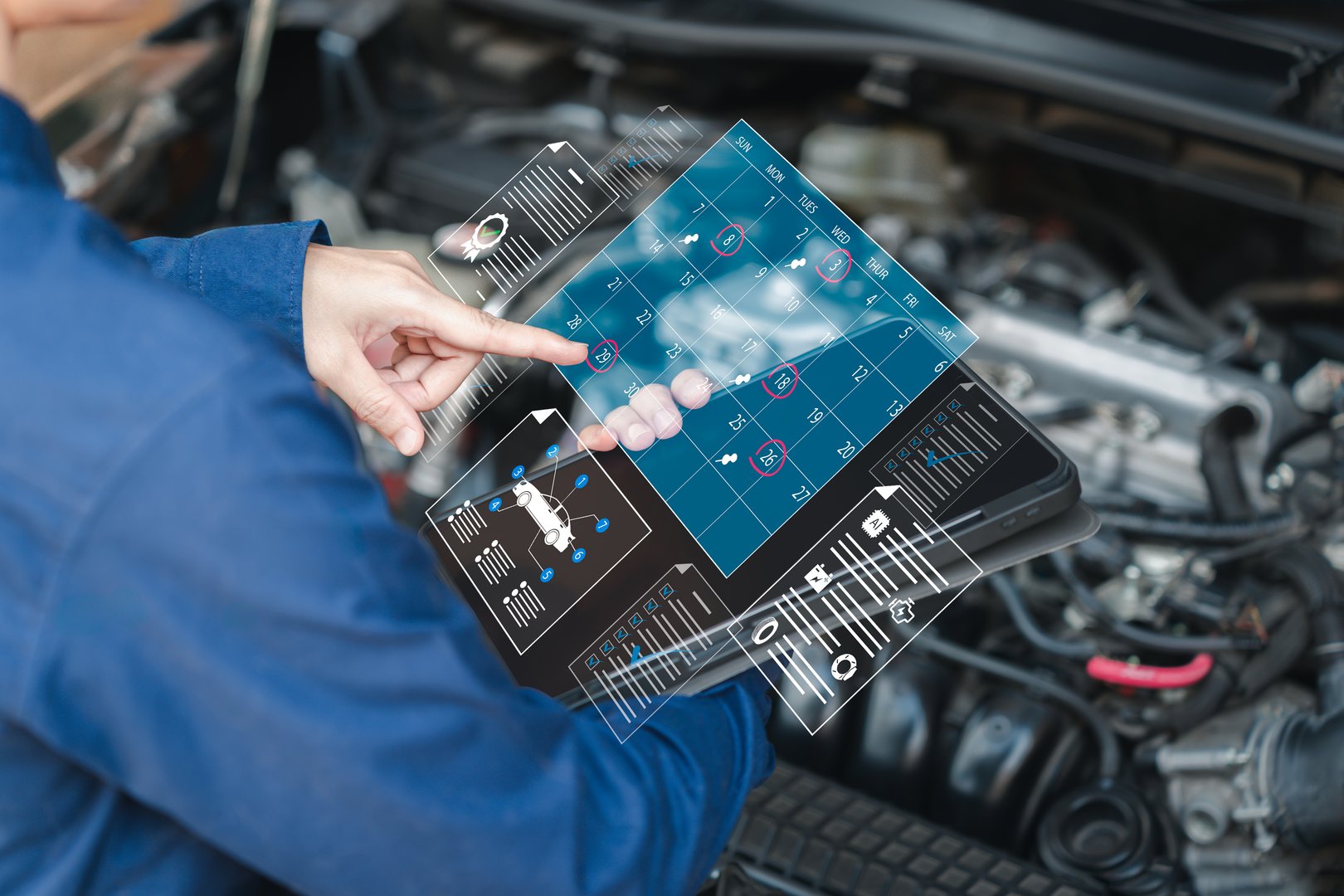 Calendar topic checking appointment schedule of car service concept, Businesswoman check service appointment, Management and check calendar agenda work, Checklist, Certificate warranty,Quality control