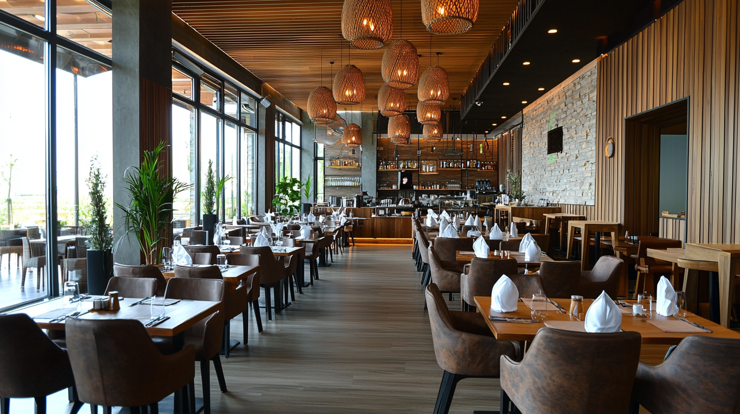 Modern restaurant interior with wooden decor, tables set with napkins, and wicker pendant lights.