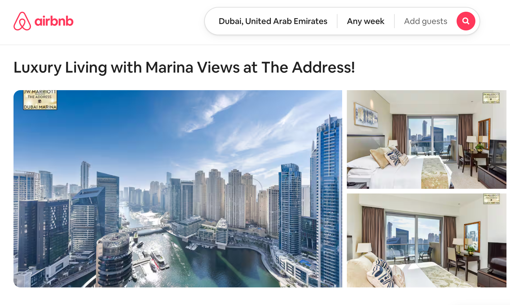Airbnb listing showcasing a luxury apartment with marina views in Dubai, featuring modern bedrooms and city skyline.