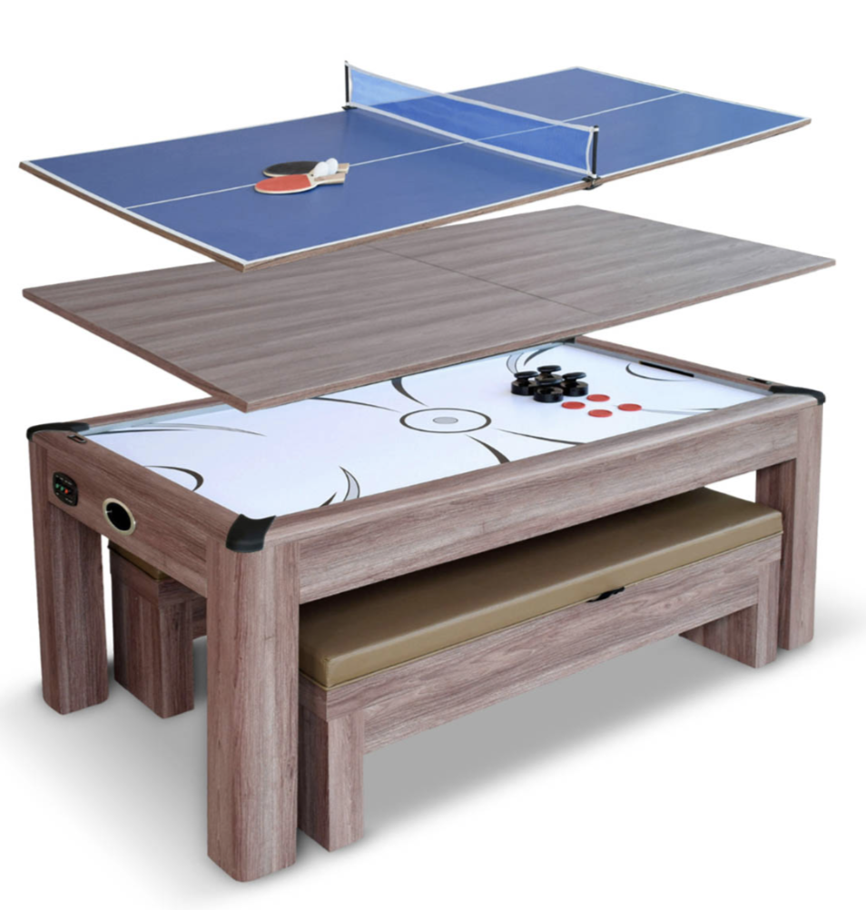 Multi-use game table with air hockey, pool, and table tennis layers, plus built-in storage bench.