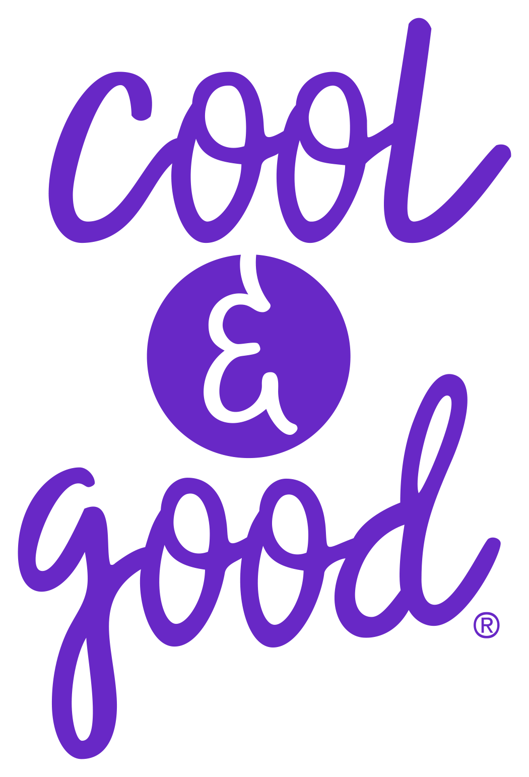 Stylized purple text reading "cool & good" with decorative white outlines on each word.