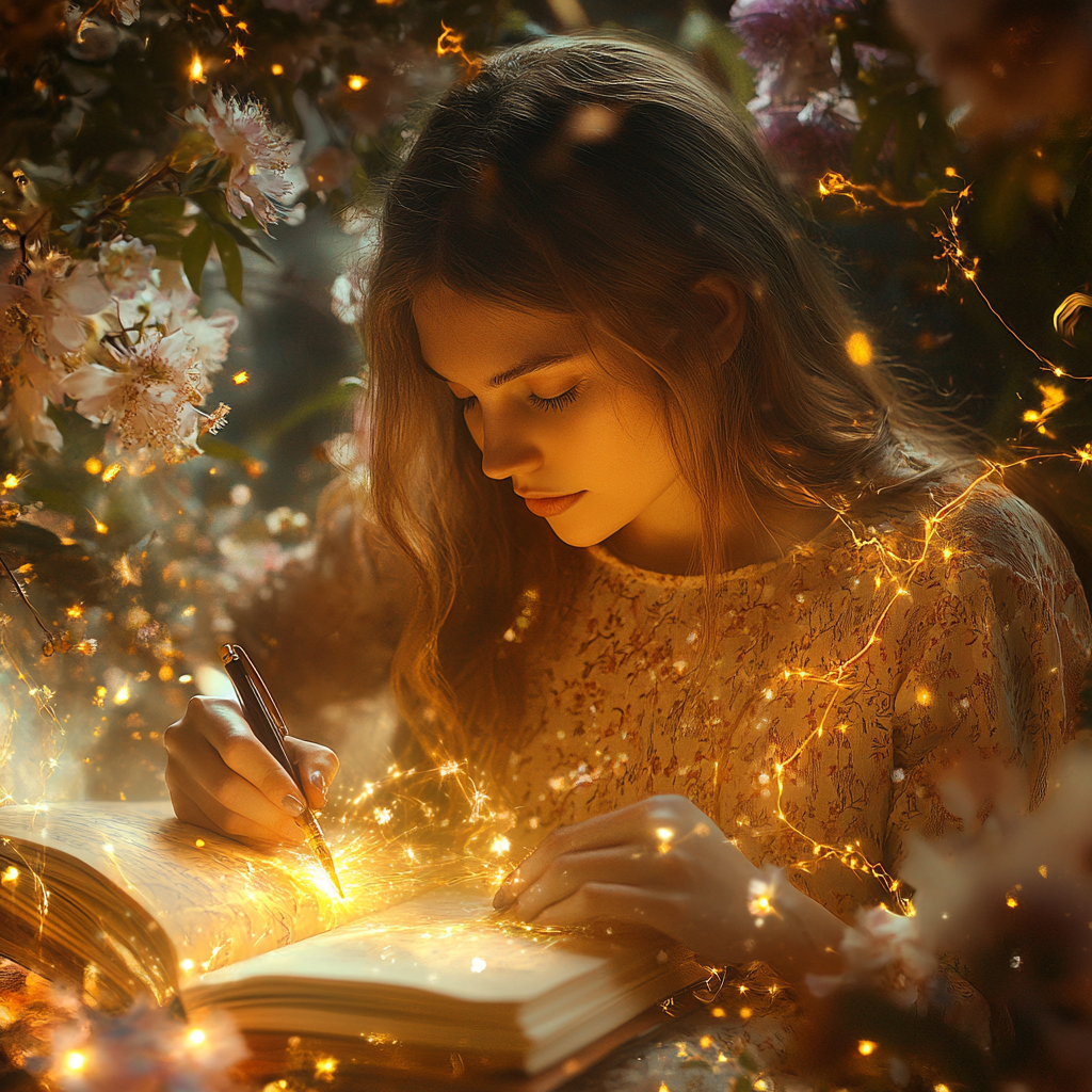A girl writing in a glowing book surrounded by flowers and magical sparkles, creating an enchanting and dreamy atmosphere.