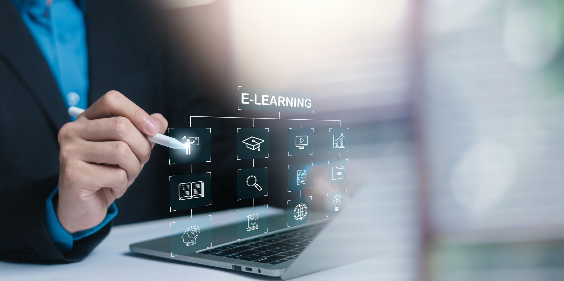 Business professional interacting with e-learning workflow interface on laptop, showing online education structure, digital courses, knowledge management, and training modules.