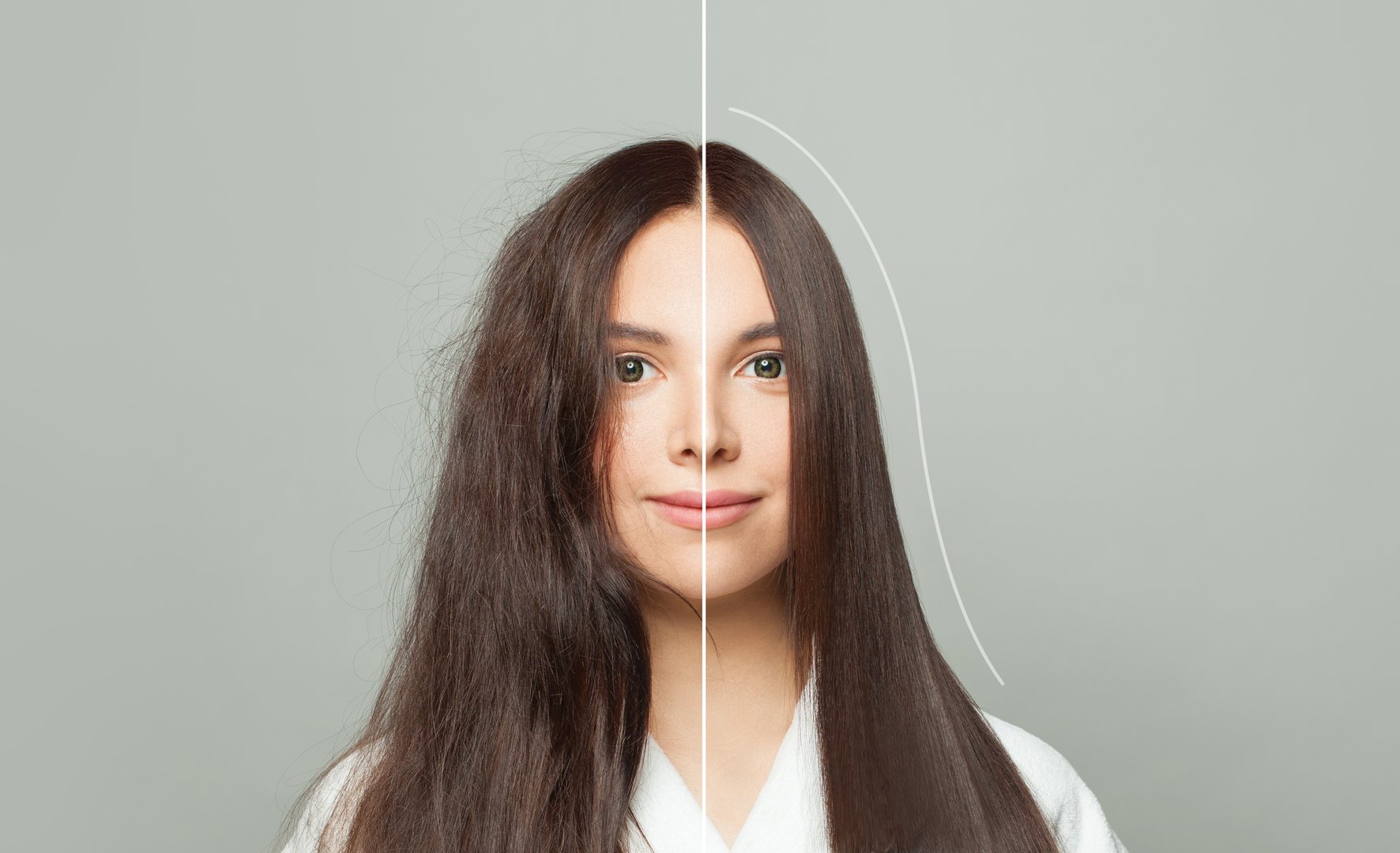 Portrait of a beautiful woman before and after hair straightening