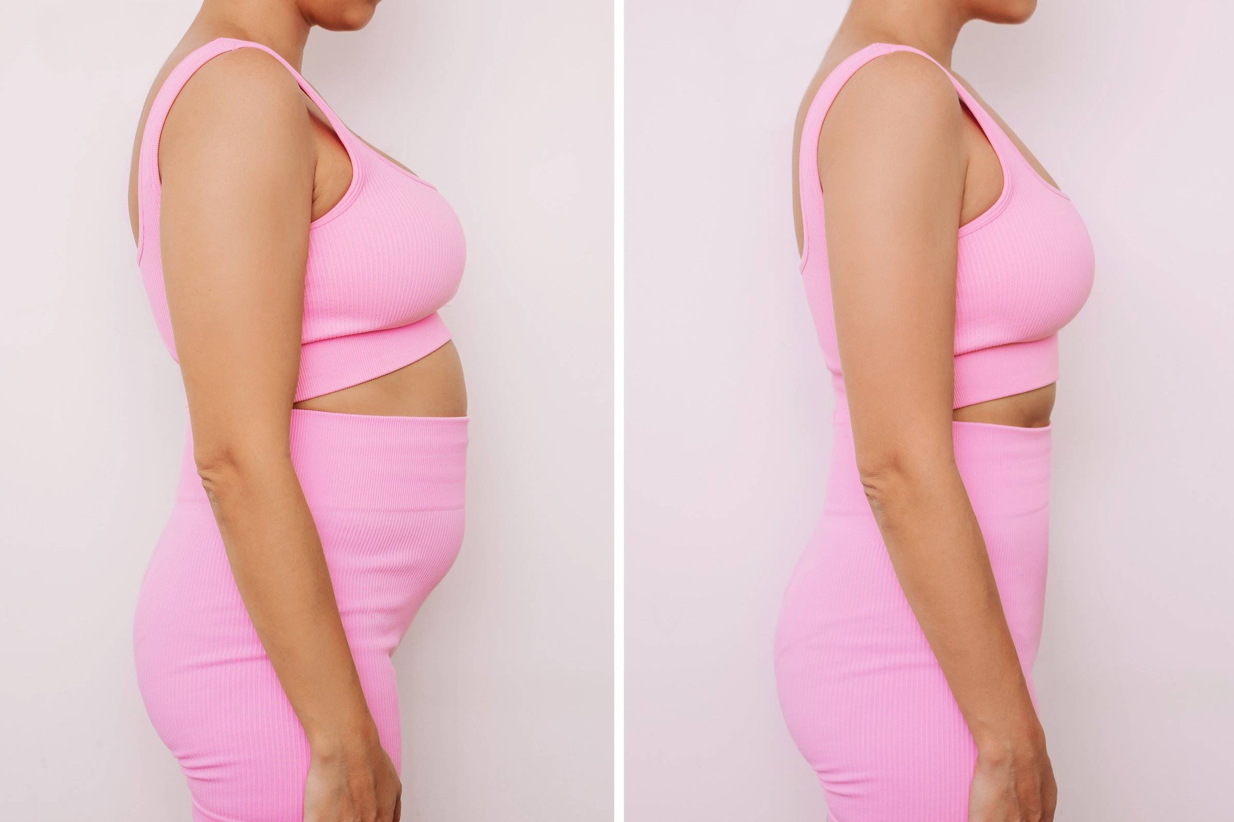Woman in a pink tracksuit with a belly with excess fat and toned slim stomach before and after losing weight on a gray background. Result of diet, liposuction, training. Getting rid of overweight