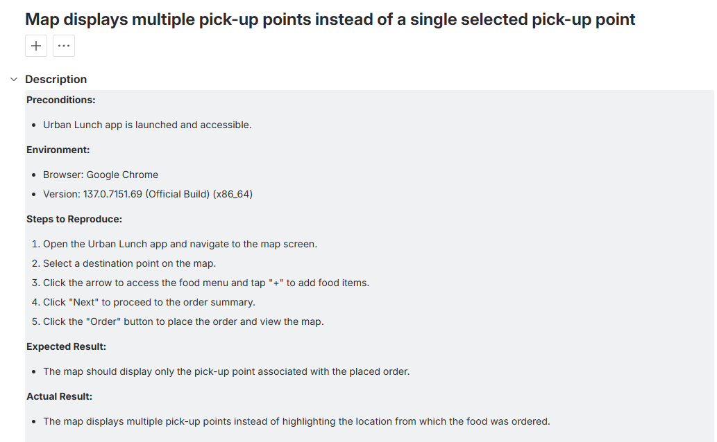 Bug report screenshot showing defect details including title, preconditions, environment, steps to reproduce, expected and actual results