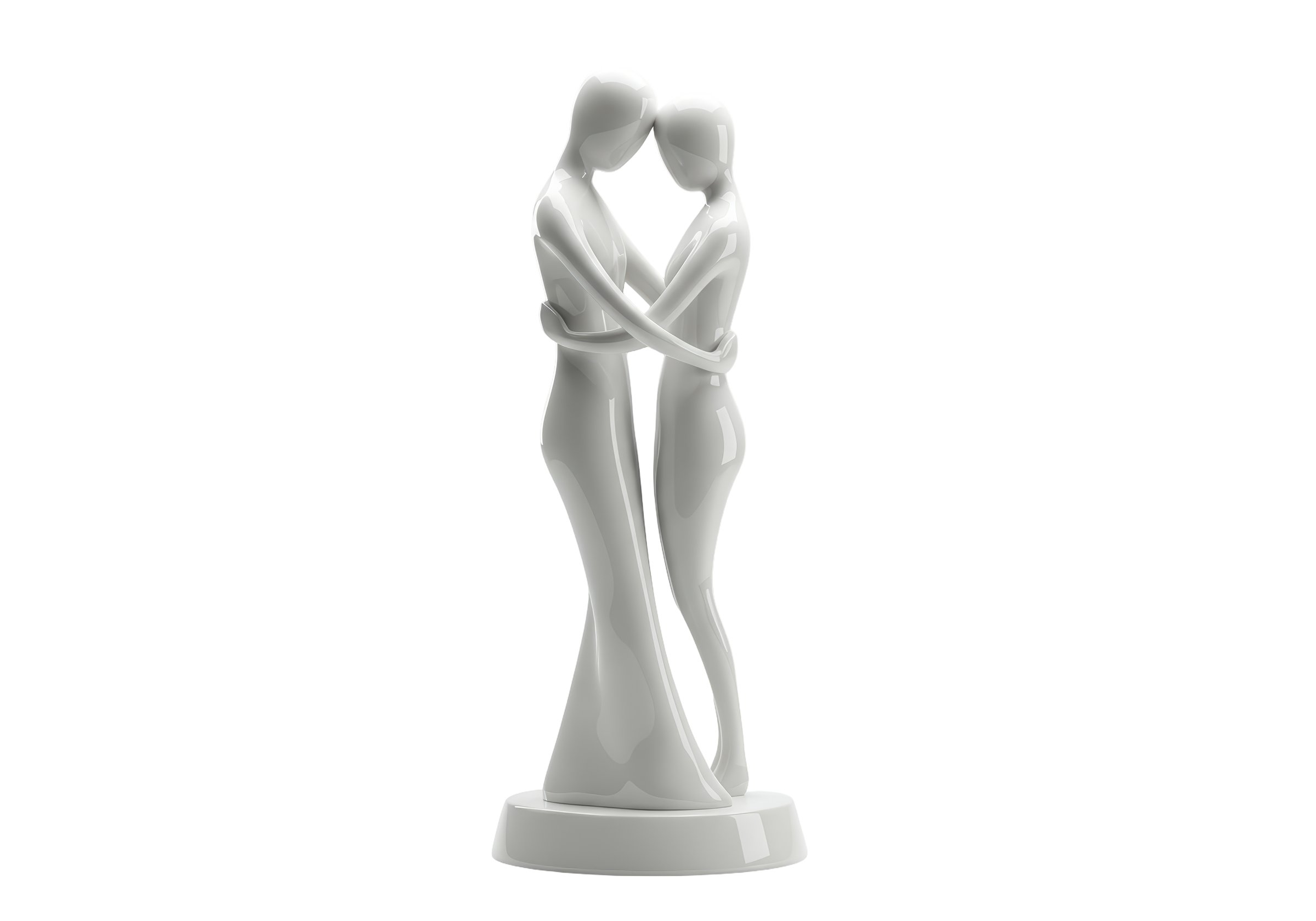 Abstract white sculpture of embracing couple representing love and connection