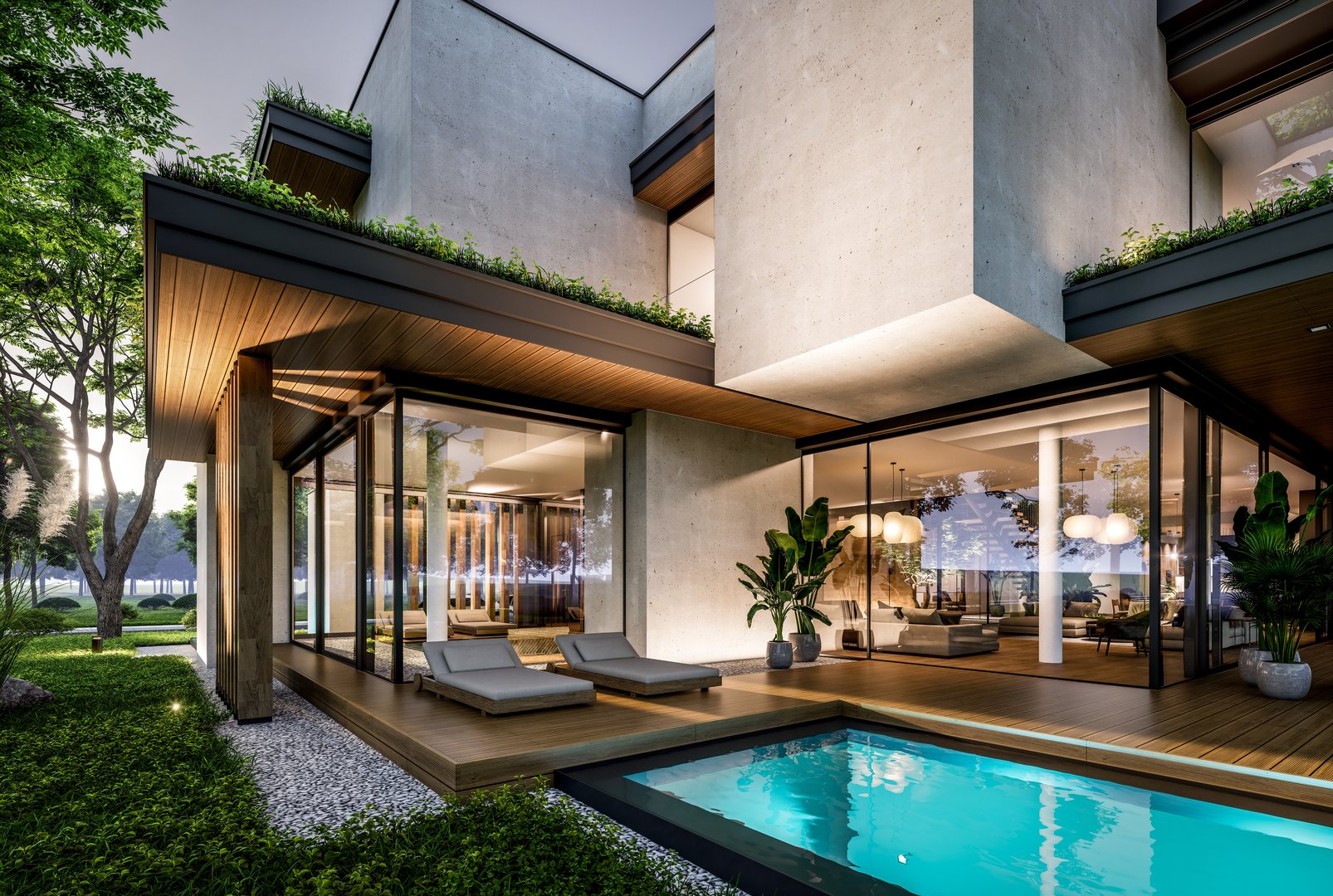 3d rendering of two-story house with parking and pool for sale or rent with concrete facade and beautiful landscaping on background. Clear summer evening with cozy light from window