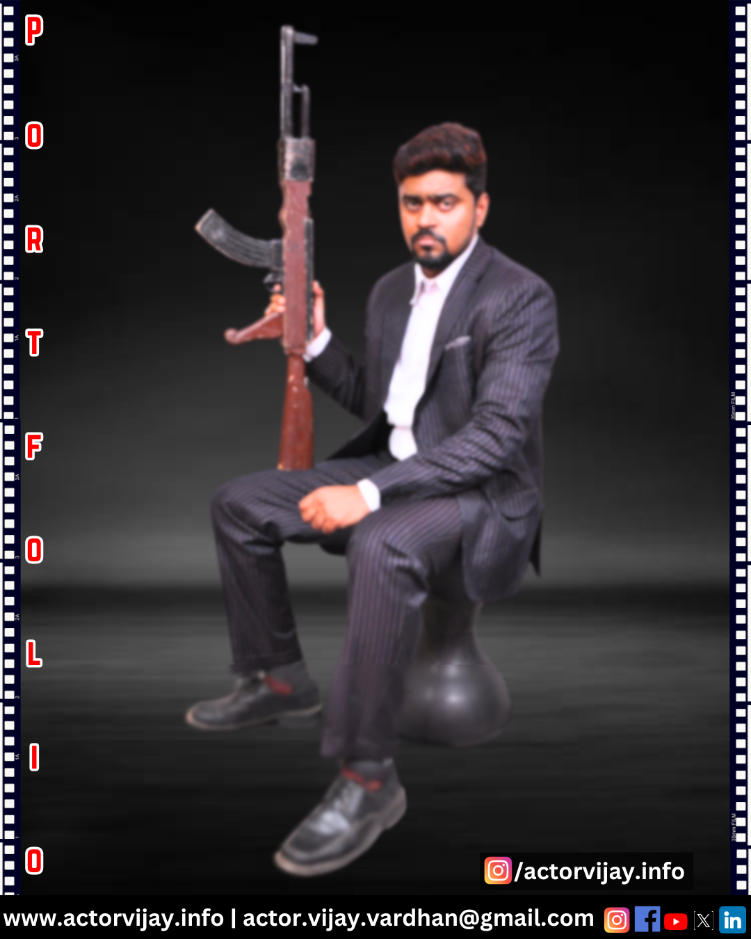 Man in a suit sits holding a wooden rifle with text reading "PORTFOLIO" on the side and social media icons at the bottom.