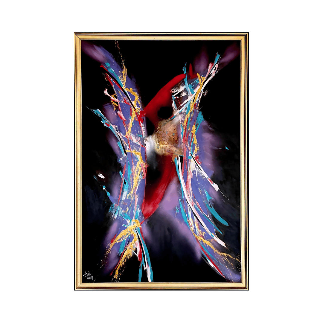 Abstract painting with colorful brushstrokes of red, purple, blue, and gold on a dark background in a gold frame.