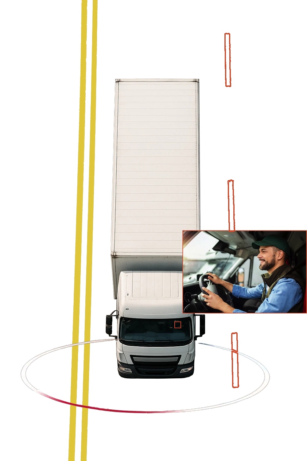 Overhead view of a white truck on a road with a smiling driver inset, highlighting advanced driving assistance systems.