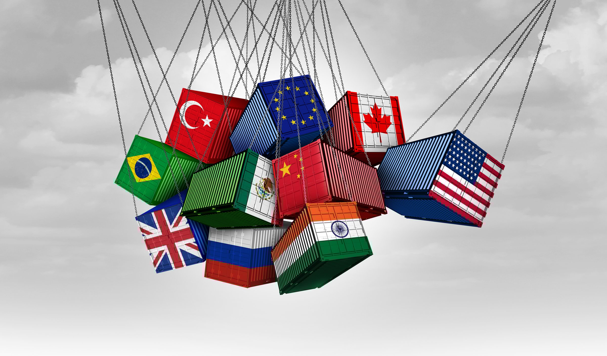 US Global Trade War and USA versus China India Canada and European union  as American tariffs with opposing cargo freight containers in conflict as an economic dispute over import and exports.