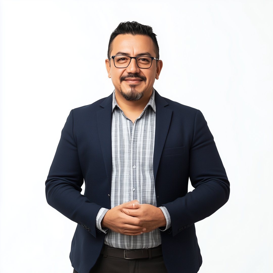 Man with glasses in a navy blazer and plaid shirt, standing confidently against a white background, hands clasped.