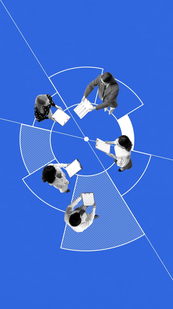 Five employees stand in radial chart, holding documents. Collaboration, teamwork, and collective analysis, group discussions and shared insights. Conceptual minimalistic design. Business, strategy