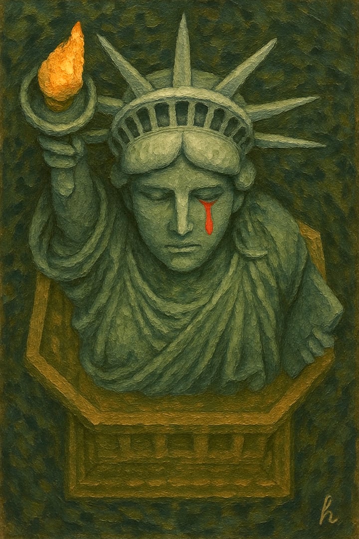 Statue of Liberty with a tear of blood under one eye, holding a torch, viewed from above in a stylized depiction.