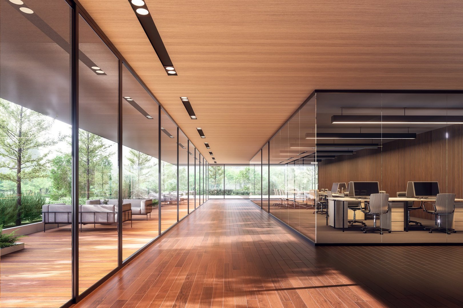 Modern contemporary office interior with wooden terrace 3d render, There are wooden floor large windows overlooking nature view outside