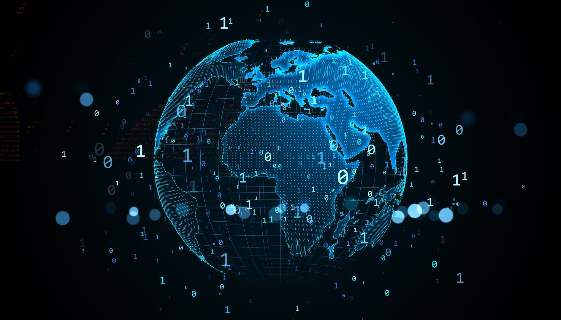 Glowing blue digital globe surrounded by binary code on dark background, abstract virtual world map concept, futuristic technology backdrop. 3D Rendering