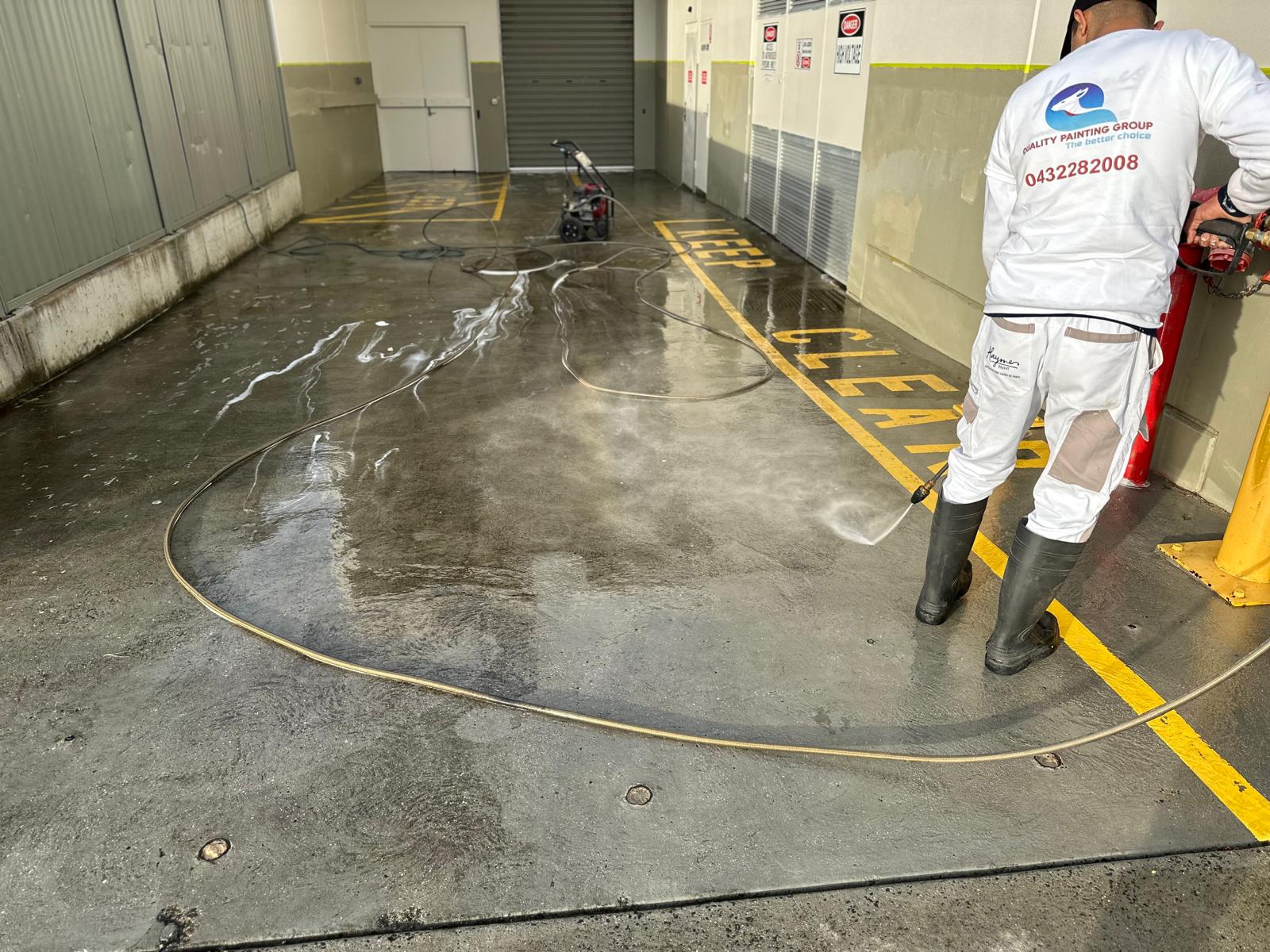 Commercial pressure washing service in action
