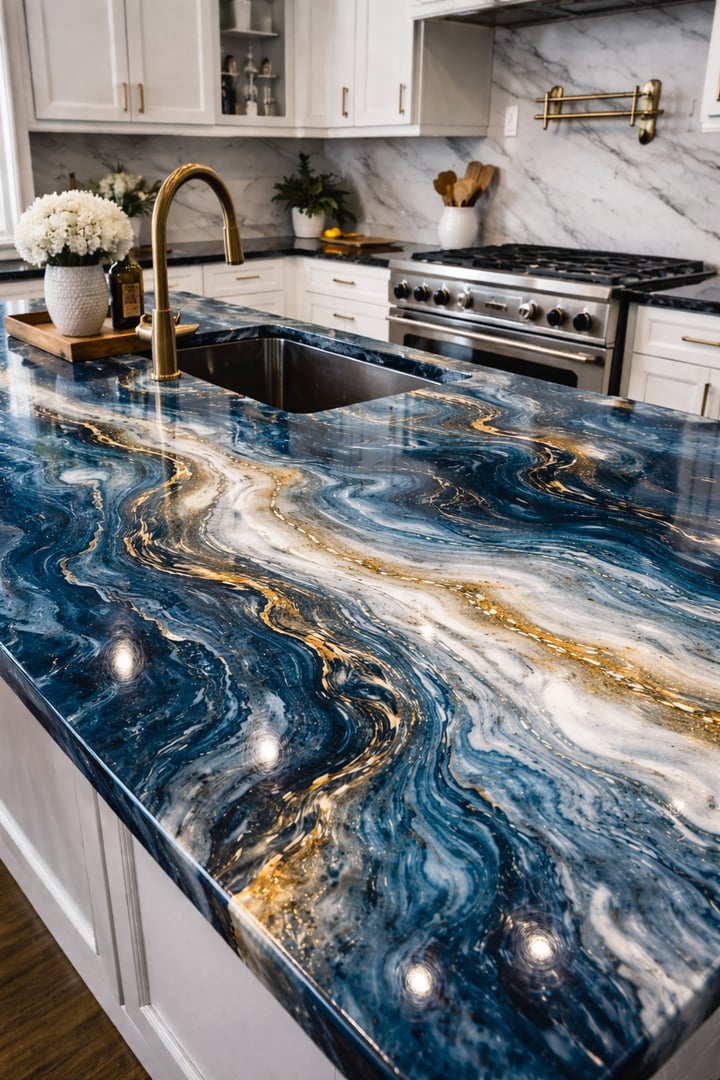 Blue marble epoxy kitchen countertop with elegant finish