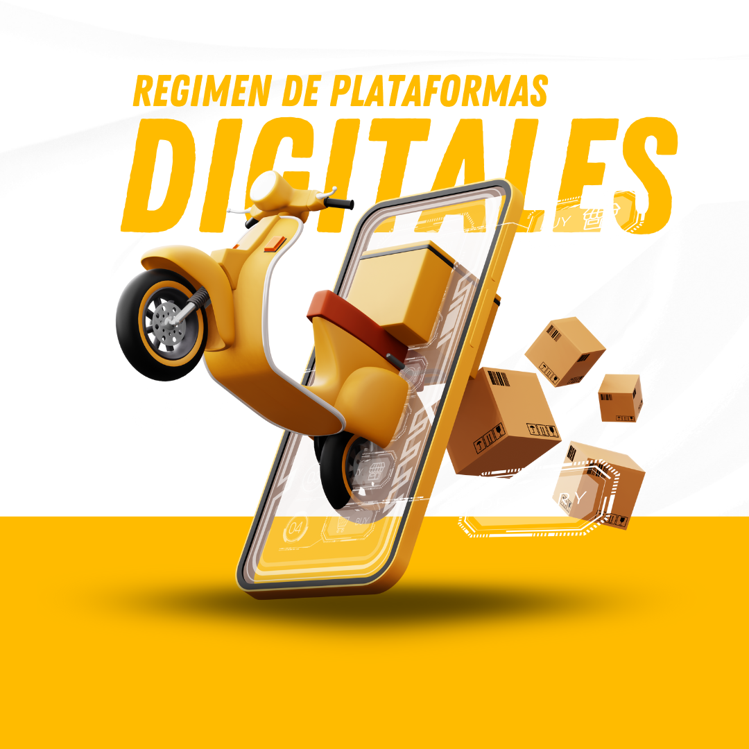 Graphic of a scooter and boxes emerging from a smartphone, with text "Regimen de Plataformas Digitales" above.