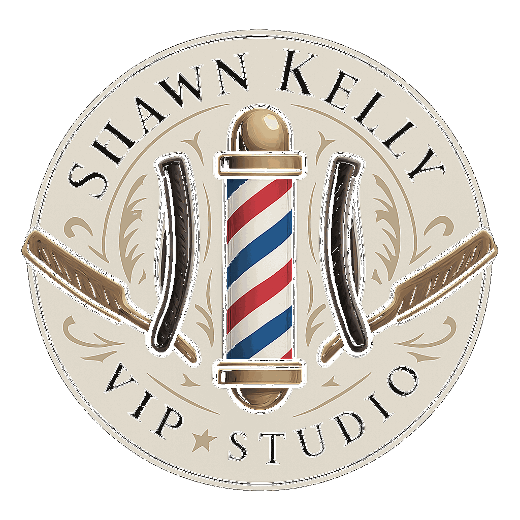 Logo with a barber pole and razors, featuring the text Shawn Kelly VIP Studio.