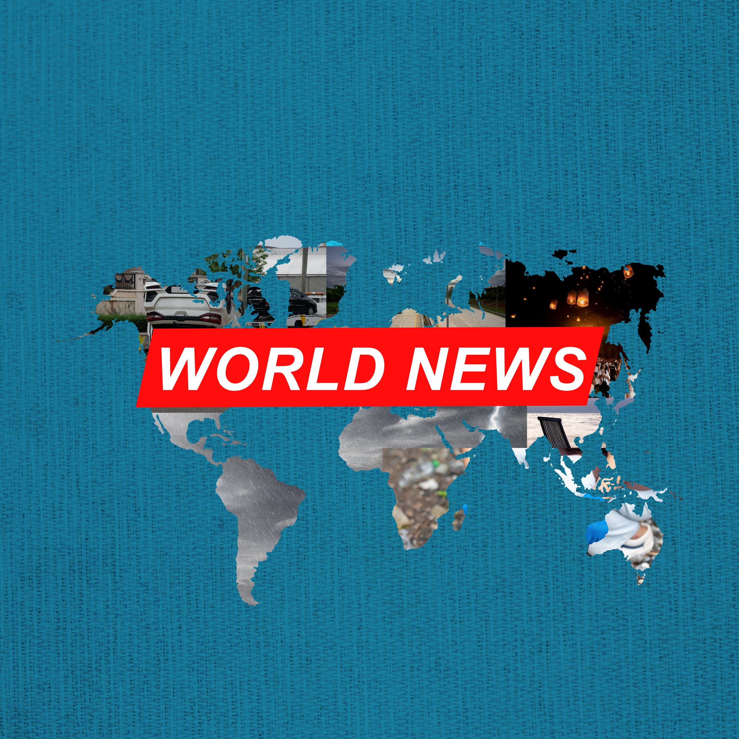 World map filled with images representing different news events, with a bold red banner across it displaying "World News" on a blue background. Journalism, podcasting, and international communication