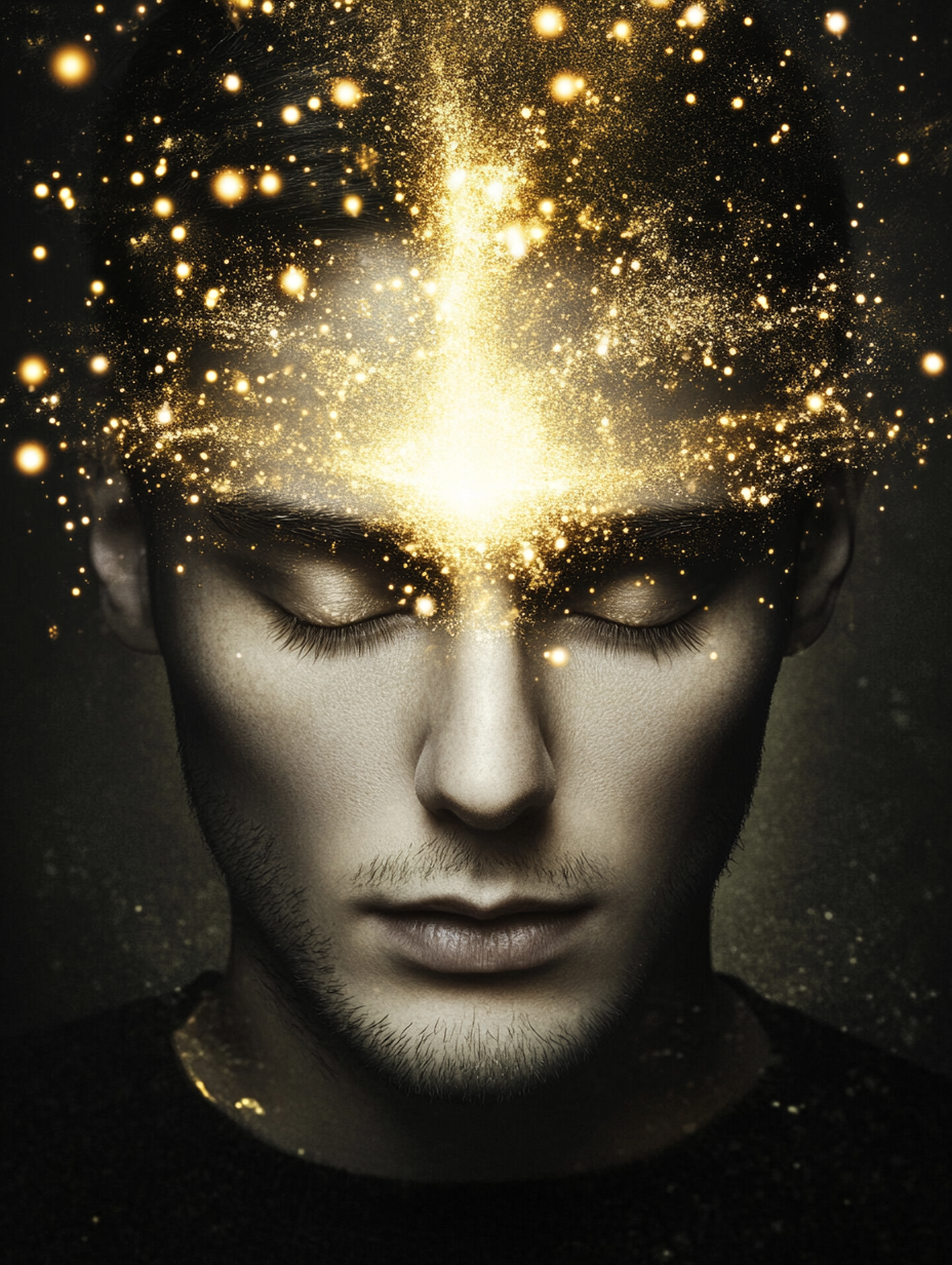 A man with closed eyes, surrounded by a golden, sparkling light emanating from his forehead, symbolizing enlightenment.