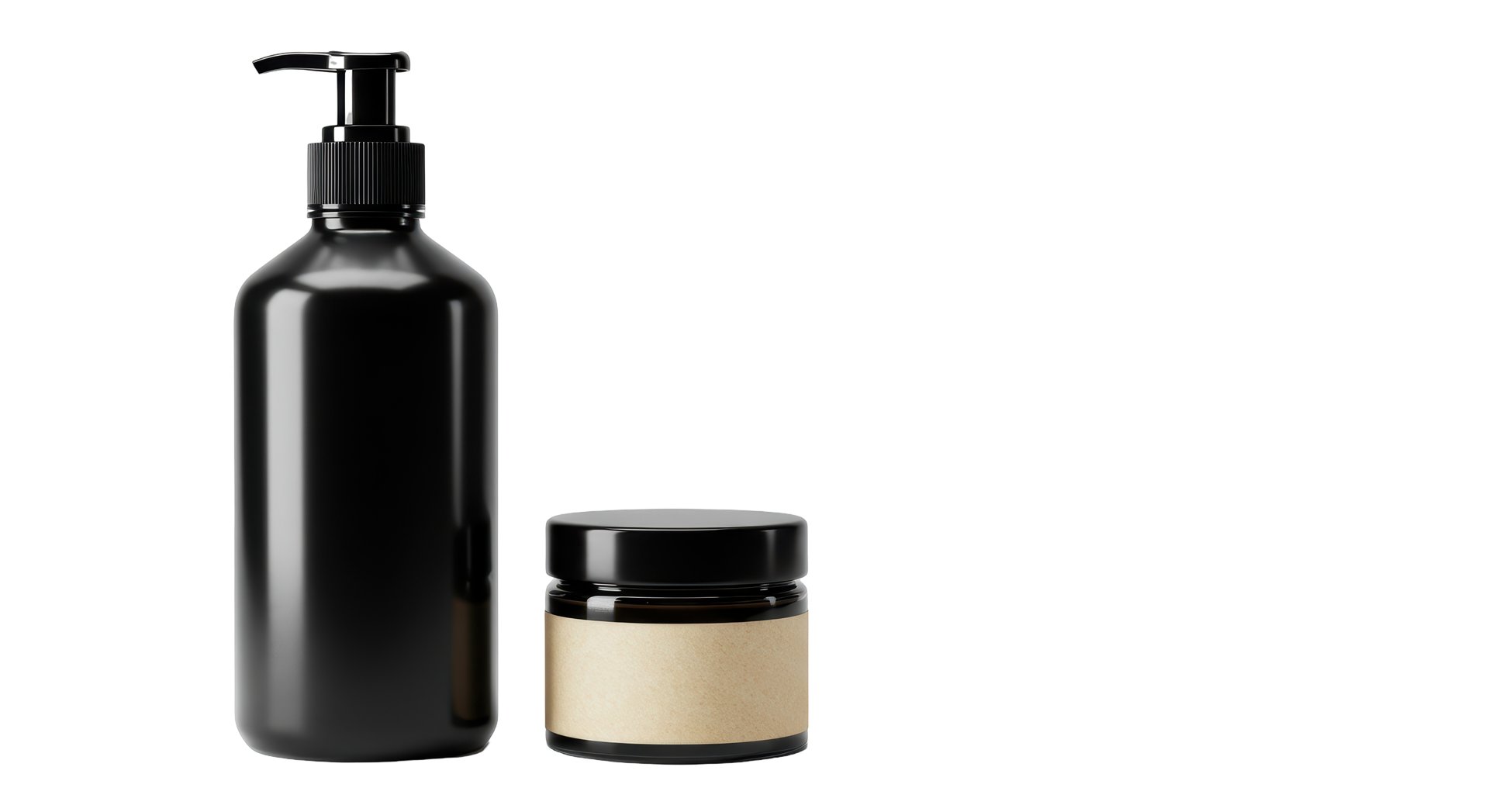 Isolated Black Cosmetic Bottles with Pump and Label