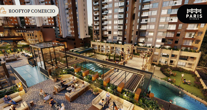 Rooftop scene with outdoor seating, pool, and city buildings, featuring a bustling atmosphere and modern design.