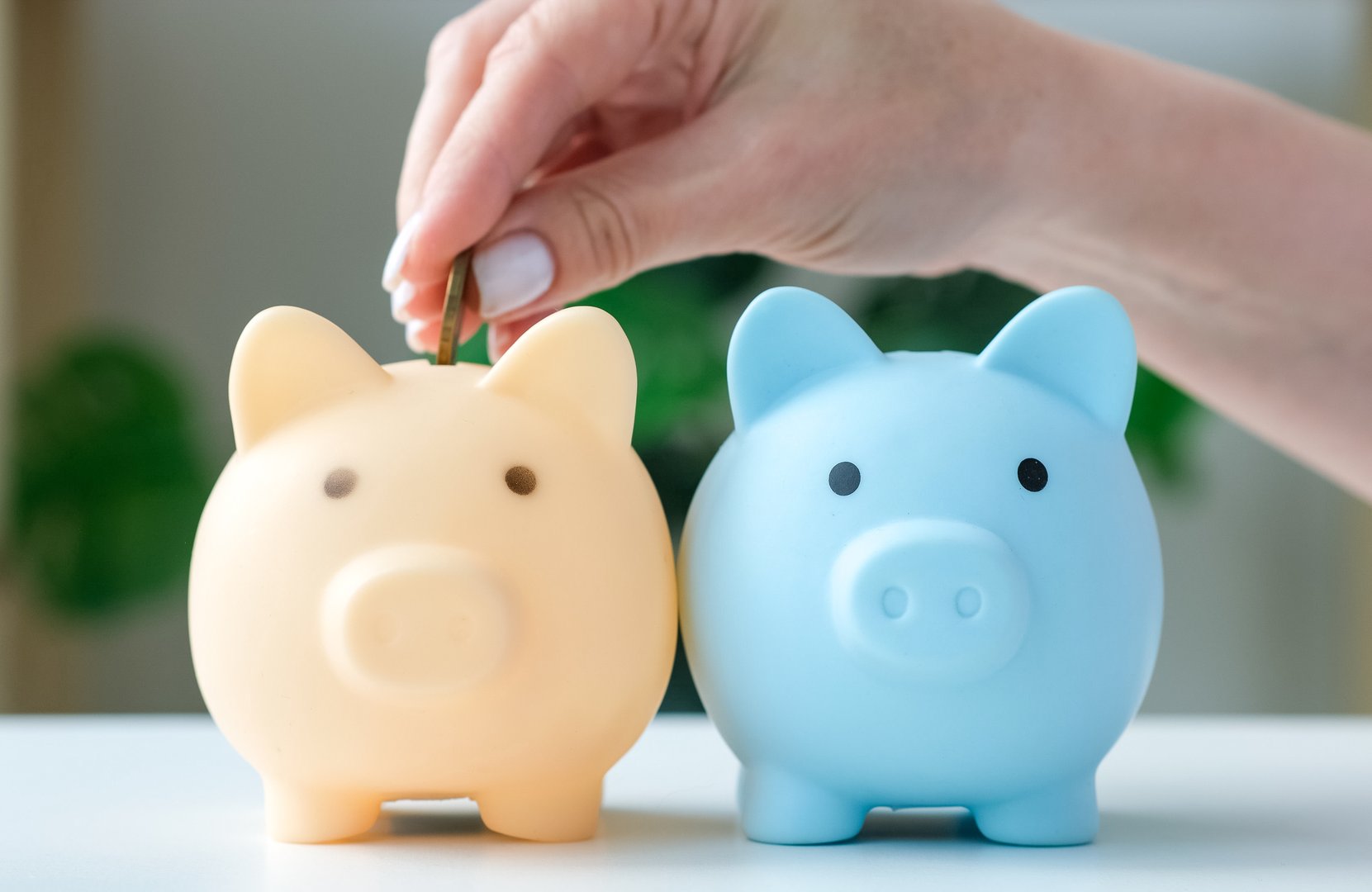 Female hand throws coins in two piggy banks in turn. Pension, savings, finance accounting diversification. Person diversifies portfolio. Saving money, investments diversity concept