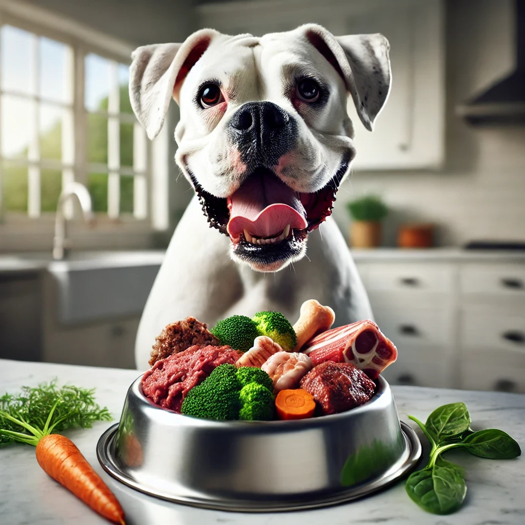 White dog with food bowl filled with raw meat and vegetables in a kitchen.