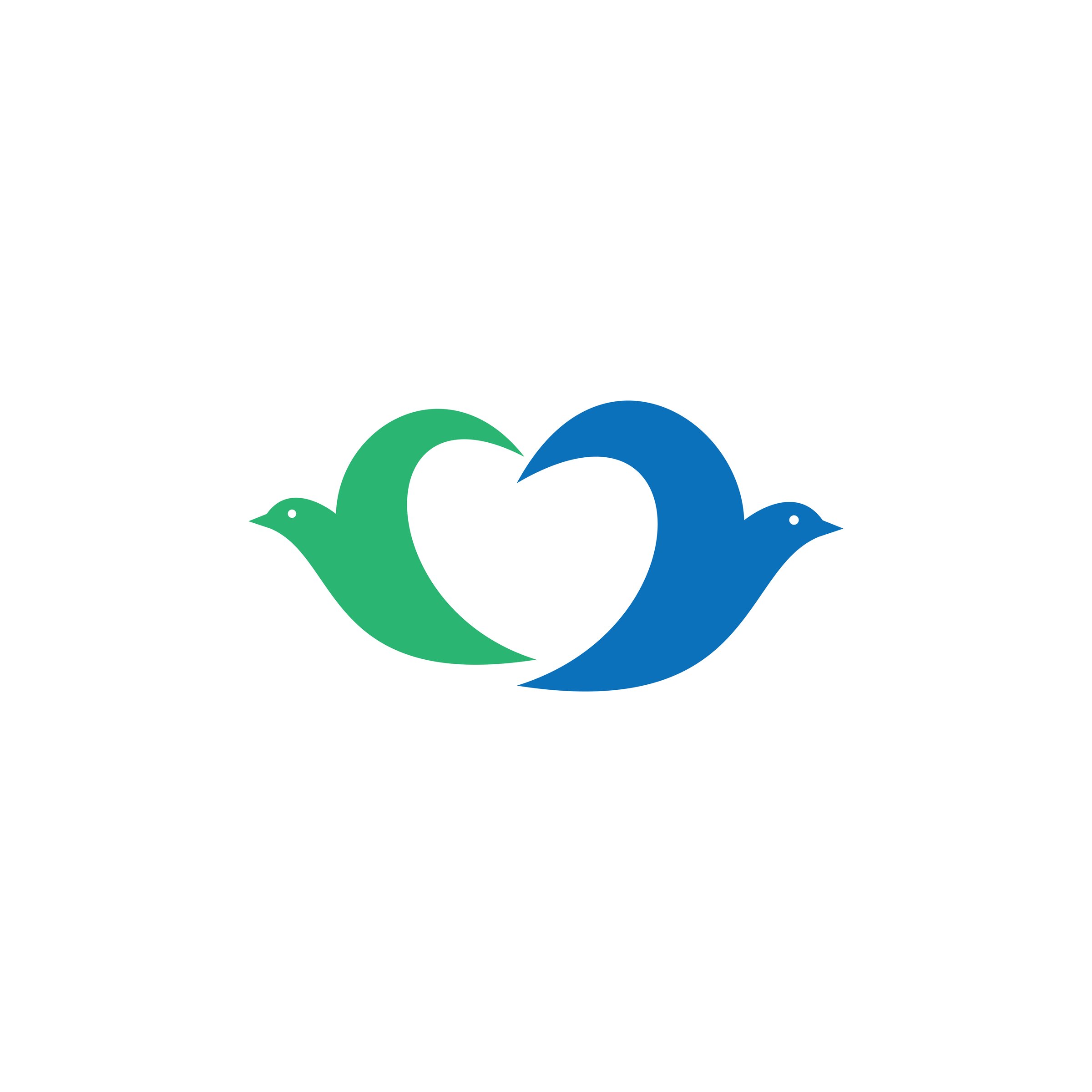 Two stylized birds forming a heart shape, one in green and the other in blue, on a white background.