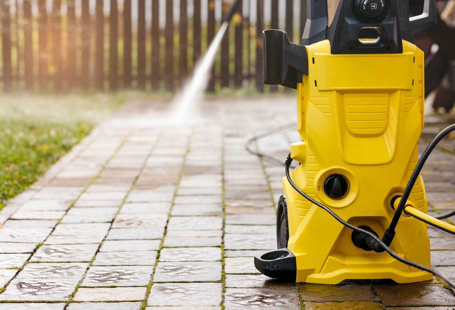 Pressure Cleaning with High Pressure Washer Karcher in Garden Park or Street. Cleaning Pavement Service concept.