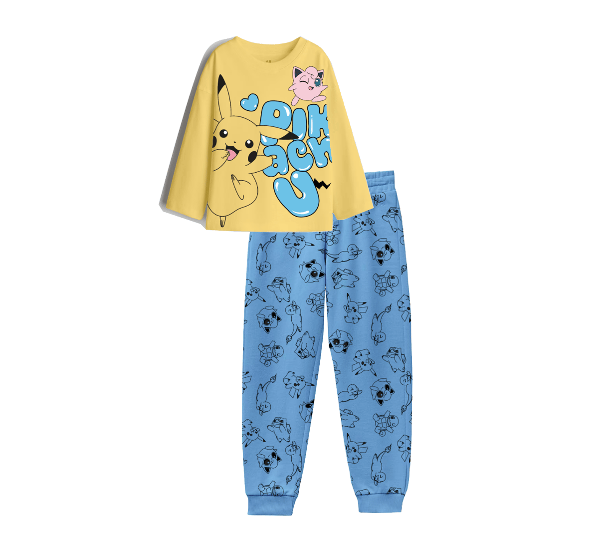 Kids' pajamas with Pikachu design, featuring a yellow top and blue pants with Pokémon character prints.