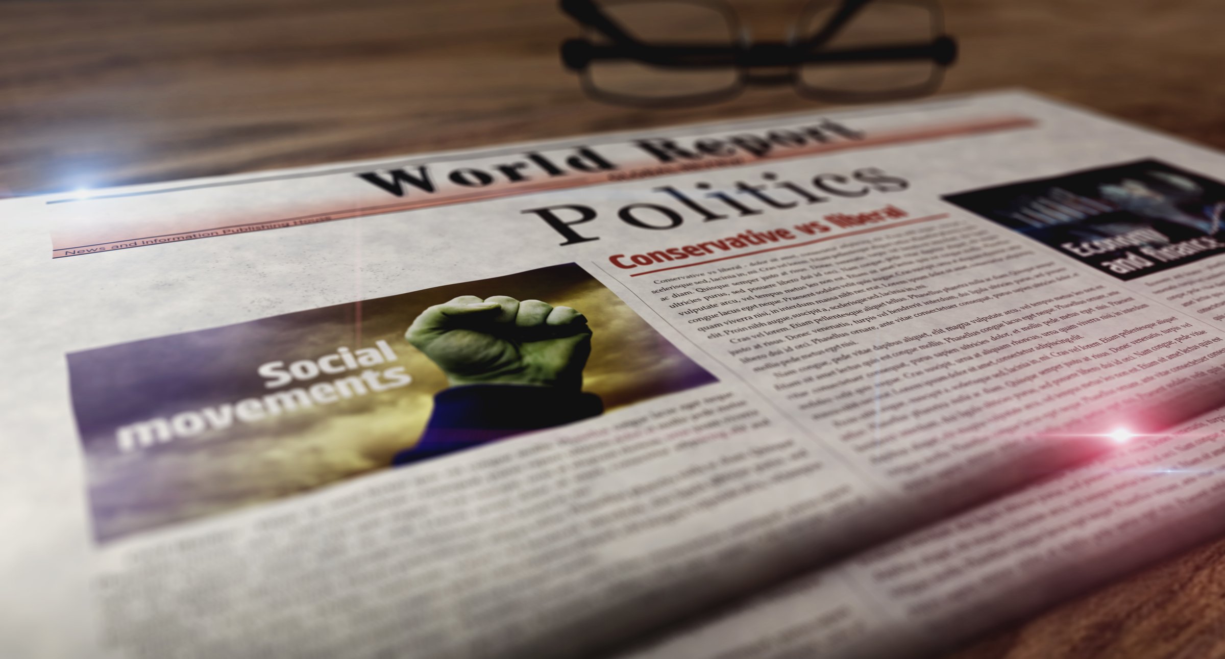 Politics daily newspaper on table. Headlines news abstract concept 3d illustration.