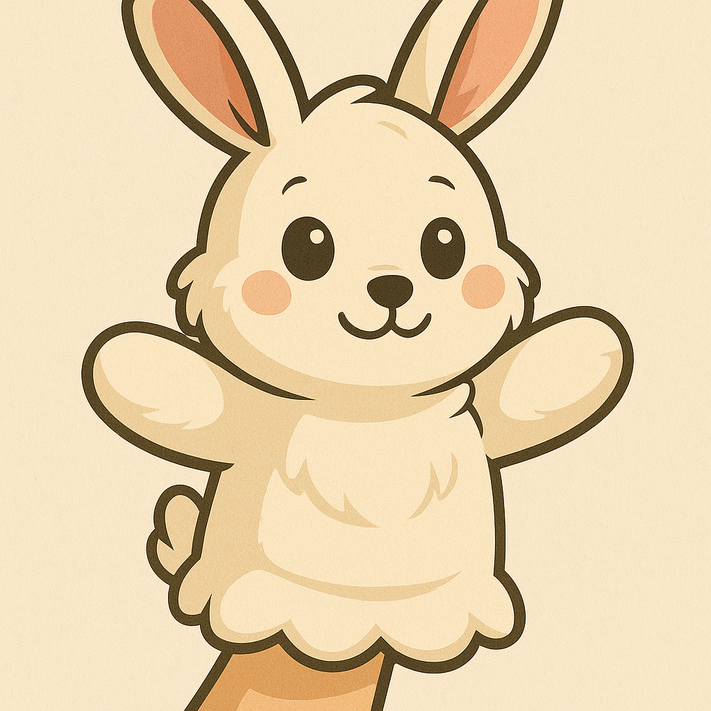 Illustration of a cute bunny puppet with rosy cheeks and large ears on a hand against a beige background.