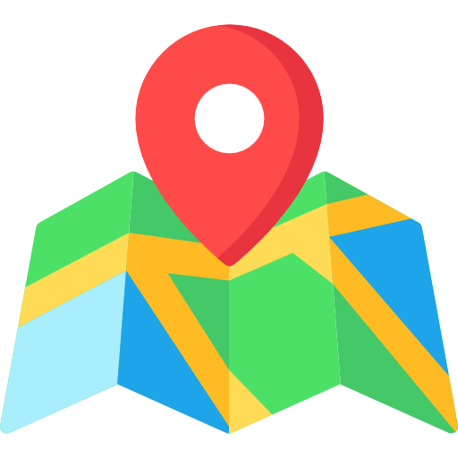 An icon of a folded map with colorful sections and a red location pin on top, indicating navigation or mapping.