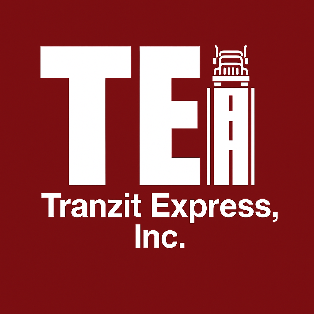 Logo of Tranzit Express, Inc. featuring a red TE with a road and truck graphic forming the A.
