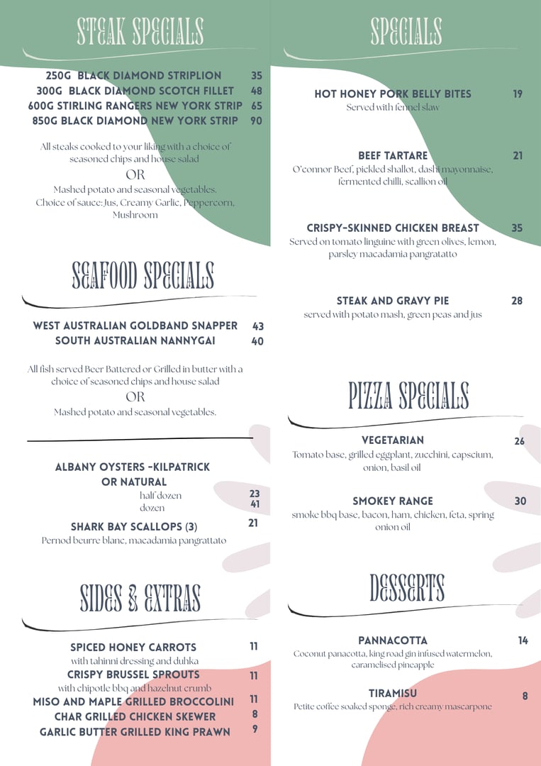 Ponds Bistro January Specials Menu